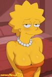  1girl 20th_century_studios aged_up blush female_focus fox_corporation hotel_room jewelry lisa_simpson pearl_necklace pervytown red_dress room seducing seductive seductive_look spiked_hair the_simpsons yellow_skin younger_female 
