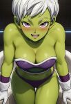  1girl arm_support arms_at_sides bare_arms bare_legs bare_shoulders blush breasts cheelai cleavage dragon_ball dragon_ball_super dragon_ball_super_(the_movie_of_broly) dragon_ball_super_broly female_only female_solo gloves green_skin leaning leaning_forward legs legs_together looking_at_viewer medium_breasts midriff mrfluffypotato naughty_face navel open_mouth panties pink_eyes purple_panties purple_underwear round_teeth short_hair smile strapless teeth thighs toei_animation underwear upper_teeth upper_teeth_only white_gloves white_hair 