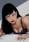  1girl alternate_costume bare_arms bare_shoulders bed black_bra black_hair black_lingerie black_panties black_underwear bra breast_press breasts cleavage closed_mouth collarbone dc_comics female_only female_solo grey_earrings grey_eyes half-closed_eyes jewelry lingerie lips lipstick lois_lane long_hair looking_at_viewer lying lying_on_bed lying_on_stomach makeup medium_breasts midriff mrfluffypotato naughty_face neck on_bed on_stomach panties pearl pearl_earrings red_lipstick shadow silver_earrings small_breasts smile straight_hair superman:_the_animated_series superman_(series) underwear white_earrings 