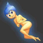  1girl black_background blue_eyes blue_hair breasts covering covering_breasts disney embarrassed female_only glowing inside_out joy_(inside_out) nude nude_female pixar scared short_hair 