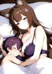 1boy 1girls ai_generated amagi_(azur_lane) azur_lane bedroom big_breasts blush bra breasts brown_hair cleavage fox_ears fox_girl fox_tails hair_accessory hair_ornament head_on_breast hugging in_bed long_hair male_sleeping mother_&amp;_son naked_male nude nude nude_male purple_bra purple_eyes ship_girl smile under_blanket wholesome