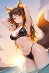 1girl 1girls ai_generated animal_ears arms_behind_head beach big_breasts bikini black_bikini blush breasts brown_hair cleavage female_only hellhound in_water long_hair multicolored_hair multicolored_tail ocean orange_eyes orange_hair sinder_(vtuber) smile solo_female sunset virtual_youtuber vtuber wet wolf_ears wolf_girl wolf_tail