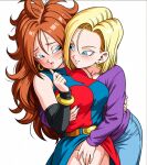 2_girls android android_18 android_21 bare_shoulders big_breasts black_detached_sleeves blonde_female blonde_hair blue_dress blue_eyes blue_pants blush bob_cut bracelet breasts brown_hair closed_eyes collarbone couple detached_sleeves dragon_ball dragon_ball_fighterz dragon_ball_z dress duo earrings eye_contact female/female female_only gold_bracelet gold_earrings gold_jewelry grin guloyu84 hair_between_eyes hair_flaps half-closed_eyes hand_up head_tilt hoop_earrings hugging jewelry long_hair long_sleeves looking_at_another love mound_of_venus multicolored_clothes multicolored_dress multiple_girls mutual_yuri naughty_face neck no_panties open_mouth pants parted_lips purple_shirt red_dress romantic romantic_couple shirt short_dress short_hair simple_background sleeveless sleeveless_dress sleeveless_turtleneck smile standing sweat sweatdrop toei_animation turtleneck turtleneck_dress two-tone_dress white_background yuri