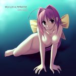  1girl arm_support barefoot breasts character_name copyright_name hair_intakes hair_ribbon kagami_sumika muv-luv muvluv muvluv_alternative nipples nude pink_eyes pink_hair ribbon solo sumika_kagami takepon thighs 