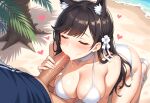 1boy 1girl 1girls ai_generated atago_(azur_lane) atago_(summer_march)_(azur_lane) azur_lane beach bikini black_hair blush choker closed_eyes dog_ears dog_girl fellatio flower flower_in_hair hair_accessory hair_ornament handjob handjob_while_sucking heart long_hair male on_knees outside partially_clothed penis penis_in_mouth ribbon sandals ship_girl sweat sweatdrop sweating sweaty white_bikini white_choker white_ribbon white_sandals