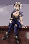 1girl 1girl 1girls amazon_prime big_breasts biker_clothes biker_girl biker_jacket bitterbunz breasts cleavage female_only hazbin_hotel hazbin_hotel_(season_2) human human_version lute_(hazbin_hotel) sitting sitting_down spindlehorse_toons vivienne_medrano vivziepop