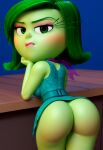  1girl 3d 3d_(artwork) ai-generated ai_assisted ai_generated ass big_ass disgust_(inside_out) disgusted_expression disney dress female_focus green_dress green_eyes green_hair green_skin high_res inside_out inside_out_2 lipstick looking_back makeup no_panties pixar thick_ass younger_female 