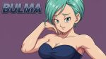  1girl aqua_hair armpits bare_arms bare_shoulders big_breasts blue_eyes breasts bulma_brief character_name cleavage collarbone dragon_ball dragon_ball_z female_only female_solo grin half-closed_eyes hand_up lips lipstick looking_at_viewer makeup mrfluffypotato naughty_face neck parted_lips pink_lipstick purple_background short_hair simple_background smile strapless toei_animation upper_body 