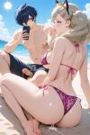 1boy 1girl ai_generated ann_takamaki ass beach bikini_bottom blonde_hair blue_eyes blue_hair breasts couple cum minato_arisato persona_3 persona_5 yuuki_makoto