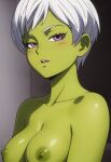  1girl arms_at_sides bare_shoulders blush breasts cheelai cleavage collarbone dragon_ball dragon_ball_super dragon_ball_super_(the_movie_of_broly) dragon_ball_super_broly female_only female_solo green_skin half-closed_eyes looking_at_viewer medium_breasts mrfluffypotato naughty_face neck nipples nude nude_female open_mouth purple_eyes round_teeth short_hair smile teeth toei_animation upper_body upper_teeth upper_teeth_only white_hair 