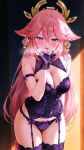  1girl ai_generated armlets big_breasts blush breasts cleavage earrings female_only fingerless_gloves fox_ears fox_girl garter_straps genshin_impact gloves hair_accessory hair_ornament head_accessory head_ornament horny_female indoors lingerie long_hair luminal_lumi panties pink_hair purple_eyes purple_gloves purple_lingerie purple_panties purple_stockings solo_female stockings tongue tongue_out wanting_sex wants_to_fuck yae_miko_(genshin_impact) 