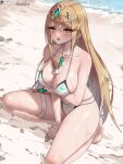  1girl 1girl adapted_costume alluring arm_support arm_under_breasts artist_name barefoot beach big_breasts bikini bilingual_commentary blonde_hair blush collarbone commentary completion_time food_on_body food_on_breasts gem green_gem high_res ice_cream_cone long_hair looking_at_viewer mixed-language_commentary multi-strapped_bikini_bottom mythra_(xenoblade) on_one_knee open_mouth riro_(breakthrough_rr) swimsuit thigh_strap tiara twitter_username twitter_x_logo very_long_hair white_bikini xenoblade_(series) xenoblade_chronicles_2 yellow_eyes 