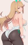  1girl 1girl alluring alternate_costume animal_ears ass bare_back bare_shoulders big_breasts black_pantyhose blonde_hair blush closed_mouth commentary earrings english_commentary fake_animal_ears fake_tail from_behind grey_background high_res jewelry leotard long_hair looking_at_viewer mythra_(xenoblade) pantyhose patreon_username rabbit_ears rabbit_tail sideboob simple_background smile standing tail white_leotard xenoblade_(series) xenoblade_chronicles_2 yellow_eyes zelc-face 