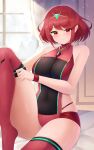 1girl alluring artist_name bare_shoulders big_breasts blush commentary doiparuni dressing earrings high_res jewelry leg_lift light_rays looking_at_viewer micro_shorts morning on_bed putting_on_legwear pyra_(xenoblade) red_eyes red_hair red_shorts red_thighhighs revealing_clothes short_hair shorts sidelocks signature sitting smile star_(symbol) star_earrings stockings sunlight tiara tight_clothes window wristband xenoblade_(series) xenoblade_chronicles_2