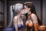 2_girls aqua_earrings arched_back arm_support arms_at_sides bangs bare_arms bare_shoulders big_breasts black_hair blue_dress blush bopitphy breasts choker cleavage closed_eyes collarbone couple crossover crystal crystal_earrings dress duo earrings elbow_gloves female/female female_only final_fantasy final_fantasy_vii final_fantasy_vii_remake gloves grey_hair hair_ornament indoors jewelry kissing long_dress long_hair love medium_breasts multiple_girls mutual_yuri neck necklace orange_choker orange_dress orange_gloves ponytail purple_earrings romantic romantic_couple rooster_teeth rwby side_ponytail square_enix straight_hair swept_bangs tied_hair tifa_lockhart weiss_schnee yuri