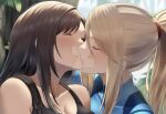 2_girls bangs bare_shoulders big_breasts black_hair black_tank_top blonde_female blonde_hair blue_bodysuit blush bodysuit bopitphy breasts cleavage closed_eyes collarbone couple crossover day duo eyebrows_visible_through_hair female/female female_only final_fantasy final_fantasy_vii final_fantasy_vii_remake hair_between_eyes high_ponytail jungle kissing lips long_hair love metroid metroid_other_m metroid_zero_mission multiple_girls mutual_yuri nature neck nintendo outside plant ponytail romantic romantic_couple samus_aran sidelocks square_enix straight_hair suspenders swept_bangs tank_top tied_hair tifa_lockhart upper_body water waterfall yuri zero_suit zero_suit_samus