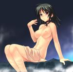  1girl a1 ayamine_kei bath black_hair breasts muv-luv muvluv nipples onsen purple_eyes short_hair sitting solo towel wet 