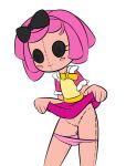  1girl bitty_buttons black_eyes blush blush_stickers bow button_eyes character_doll clothes clothes_lift clothes_pull clothing colored crumbs_sugar_cookie dankodeadzone doll dress dress_lift female female_only hair_bow lalaloopsy lifted_by_self light-skinned_female light_skin living_doll mga_entertainment panties panties_around_leg panties_down pink_hair pink_panties plush_doll pussy ragdoll short_hair simple_background skirt_lift solo solo_female stitch_(sewing) stitches underwear white_background 