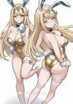  1girl absurd_res alluring animal_ears artist_name bare_shoulders big_breasts black_bow black_bowtie blonde_hair blush bow bowtie chascoby chest_jewel cleavage commentary core_crystal_(xenoblade) covered_navel detached_sleeves earrings egg english_commentary fake_animal_ears fake_tail foot_out_of_frame gem gold_leotard green_gem hand_on_own_hip high_heels high_res holding holding_egg jewelry leotard long_hair looking_at_viewer mythra_(xenoblade) parted_lips patreon_logo patreon_username playboy_bunny rabbit_ears rabbit_tail shoes simple_background standing standing_on_one_leg strapless strapless_leotard tail thigh_strap tiara white_background white_shoes xenoblade_(series) xenoblade_chronicles_2 yellow_eyes 