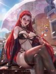 1_girl 1girl bishoujo_senshi_sailor_moon blush breasts building city crossed_legs_(sitting) earrings female kaolinite lingerie long_hair long_red_hair looking_at_viewer mostly_nude outdoor outside red_hair redhead sailor_moon sitting stockings umbrella underwear