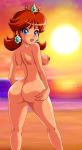 1_girl 1girl ass beach blue_eyes breasts crown earrings female female_only flower_earrings looking_at_viewer nude outdoor outdoor_nudity outside princess_daisy royalty sideboob sigurdhosenfeld solo standing super_mario_bros.