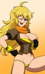 1girl ahoge blonde_hair breasts breasts_outside gauntlets long_hair looking_at_viewer no_skirt orange_scarf purple_eyes removing_clothes rwby scarf showing_breasts solo wink winking winking_at_viewer yang_xiao_long yellow_panties