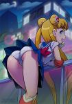 1_girl 1girl ass bent_over bishoujo_senshi_sailor_moon blonde blonde_hair blue_skirt boots building clothed elbow_gloves female female_only gloves long_blonde_hair long_hair long_twintails looking_back night night_sky outdoor outside panties presenting_hindquarters sailor_moon serafuku skirt solo standing the_other_half tiara tohdraws tsukino_usagi twin_tails upskirt usagi_tsukino white_panties