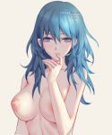  1girl artist_name beige_background big_breasts blue_eyes breasts byleth_(female) byleth_(fire_emblem) byleth_(fire_emblem)_(female) chihunhentai closed_mouth finger_to_mouth fire_emblem fire_emblem_three_houses hair_between_eyes hand_up high_resolution long_hair looking_at_viewer nintendo nipples nude simple_background teal_hair upper_body 