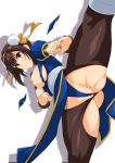  1girl 1girl alternate_costume breasts brown_hair capcom chun-li cosplay fighting_stance impossible_clothes kick-ass kicking medium_breasts nipples panties pantyhose revealing_clothes shorts street_fighter suzumiya_haruhi suzumiya_haruhi_no_yuuutsu underwear 