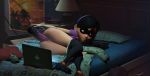  3d 3d_(artwork) ass bed bedroom black_hair brunette dildo dildo_in_ass disney face_mask facemask lap laptop lube mask on_bed panties_down pants_around_knees pants_down pixar shaved_pussy skin_lotion the_incredibles violet_parr 