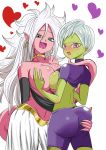 2_girls android_21 android_21_(good) ass_grab big_breasts cheelai dragon_ball dragon_ball_fighterz dragon_ball_super dragon_ball_super_broly female_only first_porn_of_character green_skin majin_android_21 pink_skin symmetrical_docking white_hair