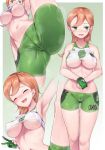 1girl blush breasts cameltoe debutya_aki embarrassed game_freak medium_breasts minishorts multiple_views nervous nintendo orange_hair pokemon pokemon_trainer pose short_hair shorts