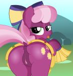 1girl an-tonio anus ass cheerilee cheerilee_(mlp) cheerleader_outfit cutie_mark earth_pony female female_only friendship_is_magic green_eyes looking_at_viewer my_little_pony no_panties outdoor outside partially_clothed pony presenting_hindquarters pussy skirt solo tail tongue_out upskirt