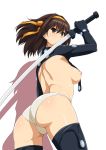 1girl alternate_costume ass brown_hair cosplay female_only gantz gantz_(cosplay) gantz_suit impossible_clothes jujutsu_kaisen katana nipples panties revealing_clothes short_hair suzumiya_haruhi suzumiya_haruhi_no_yuuutsu sword underwear weapon white_panties