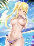 1girl 1girl 1girl akais akaisu big_breasts bikini_pull blonde blue_nails blush breasts brown_eyes clavicle contentious_content day fairy_tail hair_ornament hairclip high_resolution long_hair looking_at_viewer lucy_heartfilia navel nipples o-ring outside ponytail purple_bikini_bottom smile tied_hair very_high_resolution water