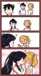 1boy 2_girls black_hair blonde_hair blush food kissing kissing komi-san_wa_komyushou_desu komi_shouko long_sleeves manbagi_rumiko short_hair sushi tadano_hitohito yuri