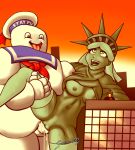 1boy 1girl breasts buildings cum cum_in_pussy cum_inside female ghostbusters male male/female mostly_nude mr._stay_puft outdoor outside penis_in_pussy pussy saittamicus sex statue statue_of_liberty vaginal vaginal_penetration vaginal_sex