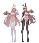 1girl 2_girls alternative_costume animal_ears azur_lane bangs big_breasts black_footwear black_gloves black_legwear blonde_hair blue_bow blue_bowtie blue_neckwear blush bow bowtie breasts brown_hair bunny_ears cleavage clothing earrings eyebrows_visible_through_hair fake_animal_ears fanart_from_pixiv food footwear gloves gluteal_fold half_gloves high_heels high_resolution holding holding_drink holding_food holding_object holding_tray inverted_bunnysuit inverted_costume jean_bart_(azur_lane) jewelry legwear long_hair multiple_girls navel nipples one_arm_up pantyhose pink_eyes plain_background pubic_tattoo pussy red_bow red_bowtie red_neckwear richelieu_(azur_lane) shoes simple_background stockings strapless tattoo thigh_gap thighband_pantyhose tray v very_high_resolution white_background white_collar white_footwear white_legwear white_stockings womb_tattoo wrist_cuffs wsfw