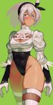 1girl alternate_costume bea_(pokemon) big_breasts blush breasts cosplay dark_skin embarrassed game_freak highleg highleg_leotard impossible_clothes leotard looking_at_viewer nier:_automata nintendo pokemon revealing_clothes short_hair white_hair yorha_2b_(cosplay) yorha_no._2_type_b