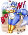 1girl 1girl ?! anthro aozora_(tasogare_aozora) areola blue_body blue_hair blue_tail breasts canid canine clothing dated footwear fox furry hair hand_on_breast krystal loincloth mammal navel nintendo nipples pink_areola pink_nipples star_fox video_games