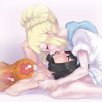  black_hair blonde_hair blush female_protagonist_(pokemon_sm) french_kiss french_kiss game_freak kissing kissing lillie_(pokemon) long_hair nintendo pokemon short_hair tongue tongue_out yuri 