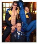  3boys bald blue_penis blue_skin charles_xavier cum cumming cumming_penis cyclops_(x-men) drawnpr0n ejaculation erect_penis erection kurt_wagner male marvel marvel_comics nightcrawler professor_xavier scott_summers threesome trio x-men yaoi 