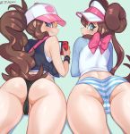 2_girls 2girls ass big_ass black_panties blush brown_hair female female_human game_freak hat hilda_(pokemon) human human_only jtveemo long_hair looking_at_viewer looking_back nintendo panties pokemon pokemon_bw pokemon_bw2 ribbon rosa_(pokemon) short_hair striped_panties underwear