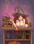 1girl bra_removed breasts brown_eyes brown_hair female female_human female_only harry_potter hat hermione_granger human long_hair naked_hat nude solo striped_bra witch_hat