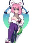 1girl big_breasts blue_eyes breasts crossed_legs_(sitting) exposed_breasts female female_human female_only holding_poke_ball human klara_(pokemon) looking_at_viewer no_bra partially_clothed pokeball pokemon pokemon_sword_&_shield sitting solo stretchnsin