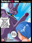 1girl beerus big_penis bulma_briefs comic dragon_ball dragon_ball_super gigantic_penis imminent_sex interspecies patreon super_melons text