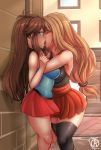 2_girls 2girls clothed female female/female female_human female_only human kissing leaf leaf_(pokemon) long_hair pokemon pokemon_frlg pokemon_xy revolverwingstudios serena serena_(pokemon) skirt yuri