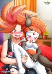  1boy 1girl bbmbbf black_costume breasts chili_(pokemon) evil_smile human/pokemon humans_of_pokemon leg_grab masturbation meloetta nintendo orange_hair orgasm orgasm_face palcomix pod_(pokemon) pokeballs pokemon pokemon_(species) pokephilia pokepornlive pussy red_hair white_skin 