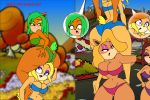  4girls ami_bandicoot ass breast_press breasts carrying crash_team_racing furry hand_on_ass isabella_bandicoot liz_bandicoot looking_up pyramid_(artist) sitting_on_person smothering_ass swimsuit tail tawna_bandicoot 