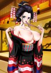 1girl 1girl alternate_costume areola areola areola_slip big_breasts black_hair breasts geisha japanese_clothes kimono looking_at_viewer nico_robin nipples one_piece short_hair